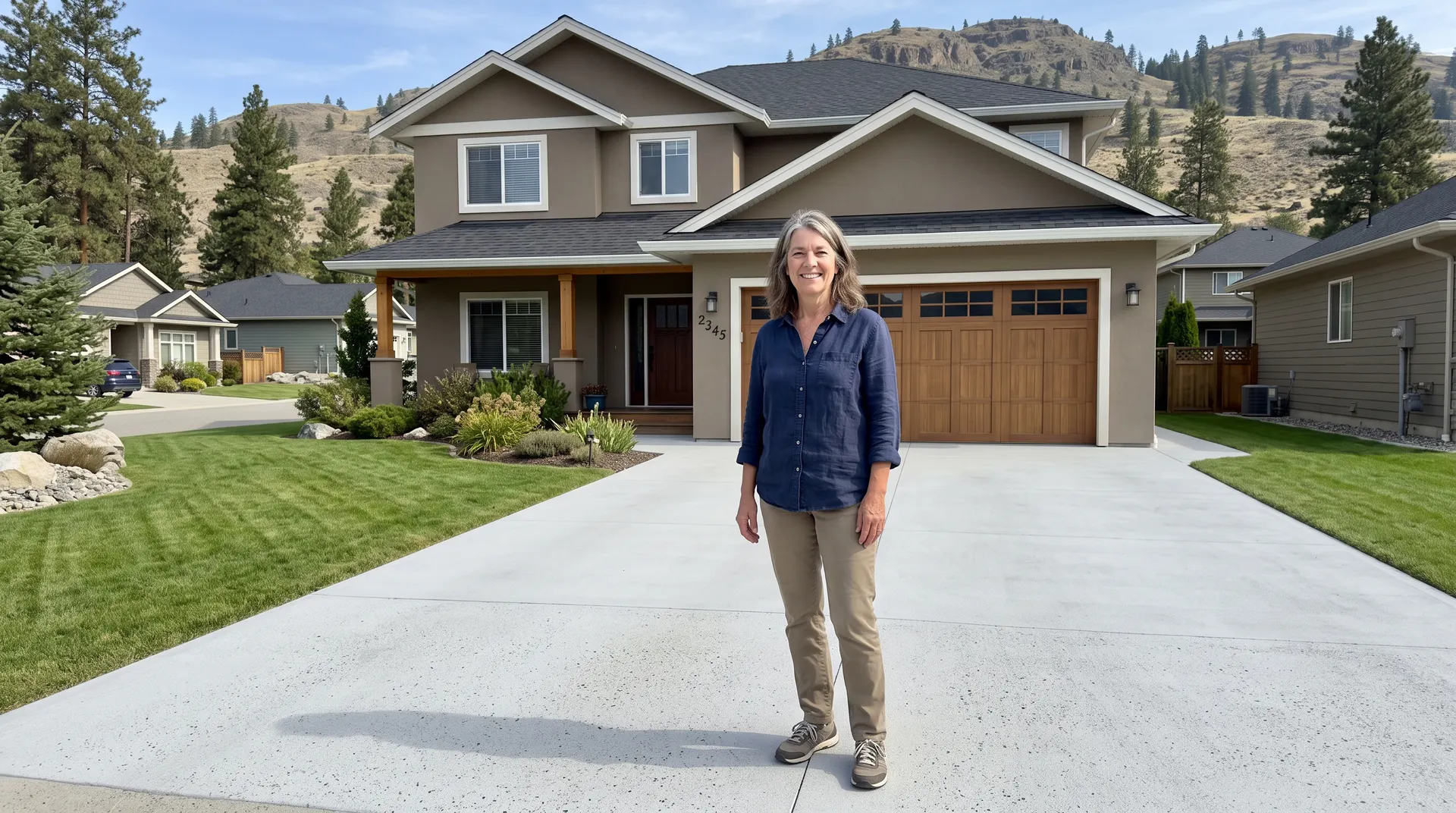 Smiling homeowner on a wide sealed concrete driveway at a suburban Okanagan home