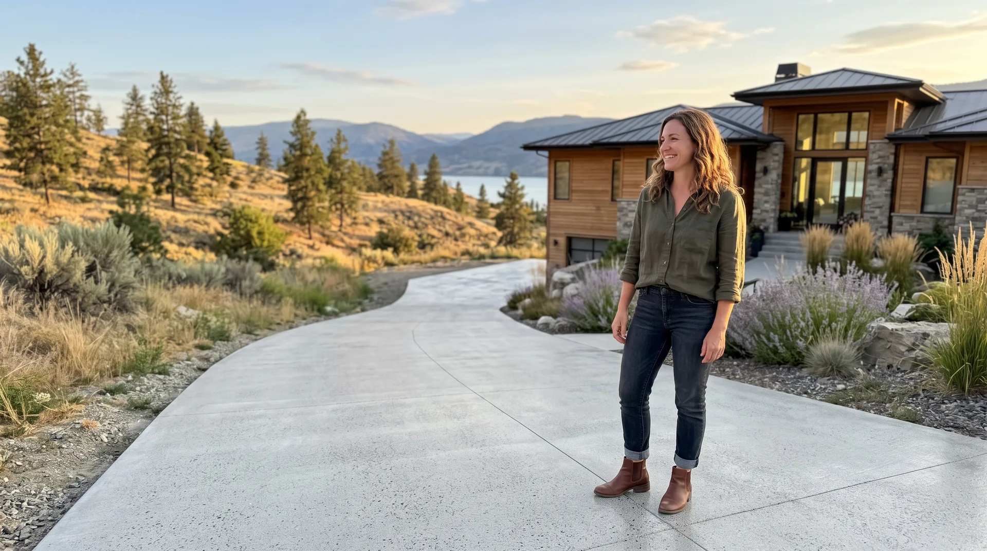 Homeowner on a freshly sealed concrete driveway at a lakeview Okanagan home at golden hour