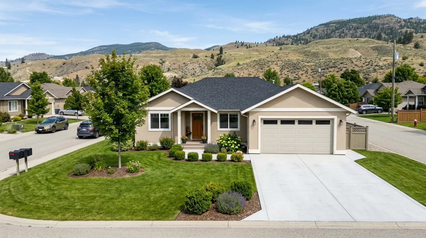 Freshly sealed concrete driveway at a single-story rancher home in an Okanagan neighbourhood